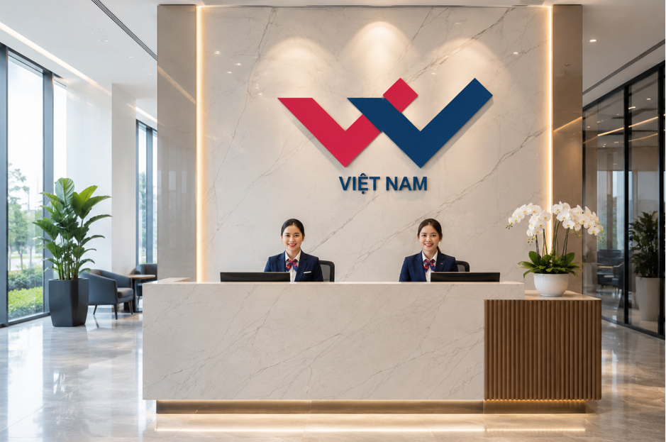 Khu lễ tân W.E.St. Vietnam với logo thương hiệu